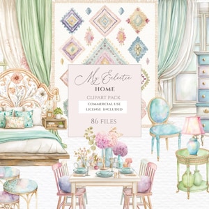 Chair and tables watercolor clipart. Furniture png, vintage furniture, antique furniture, Interior Design, Bed Clipart, Cozy Home Clipart.