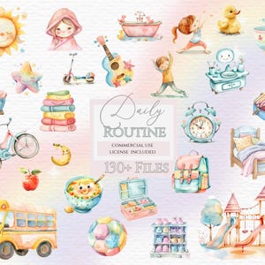 Aquarell Clipart tägliche Routine, visueller Stundenplan, tägliche Routine Karten, Routine Chart Kinder, Gute-Nacht-Routine, bearbeitbare Routine.