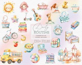 Watercolor clipart daily routine, Visual Schedule, Daily Routine Cards, Routine Chart Kids,Bedtime Routine, Editable Routine.