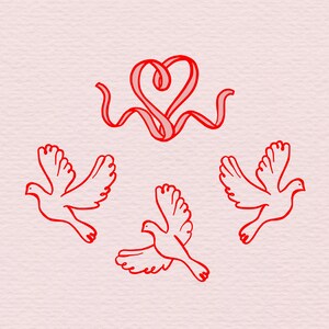 Peut inclure: Illustration de style dessin au trait rouge sur fond rose. Le motif repr&eacute;sente un c&oelig;ur en ruban et trois colombes en vol. L'&oelig;uvre est simple et &eacute;l&eacute;gante, adapt&eacute;e &agrave; diverses applications.