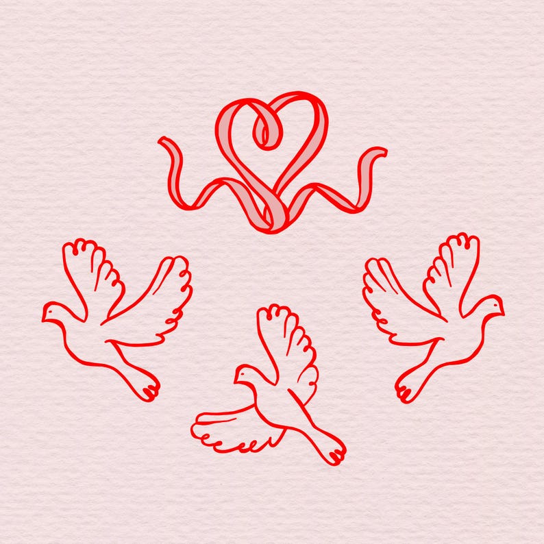 Peut inclure: Illustration de style dessin au trait rouge sur fond rose. Le motif repr&eacute;sente un c&oelig;ur en ruban et trois colombes en vol. L'&oelig;uvre est simple et &eacute;l&eacute;gante, adapt&eacute;e &agrave; diverses applications.