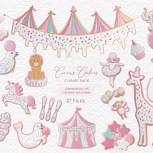Puede incluir: Una colección de imágenes prediseñadas con temática de circo en rosa, blanco y dorado. Las ilustraciones incluyen una carpa de circo, animales y golosinas, todas decoradas con chispas. El texto "Circus Cookies" se muestra con el número de archivos incluidos.