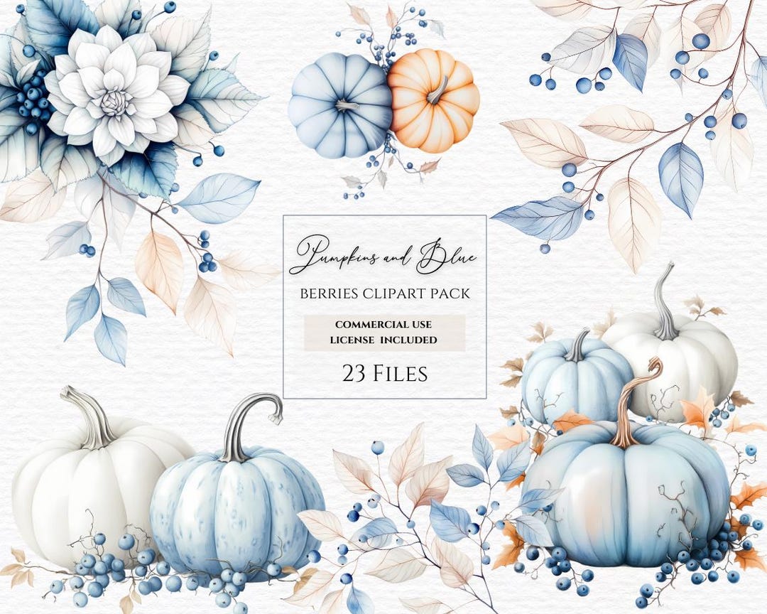 Fall Watercolor Clipart Blue Berries, Autumn White Pumpkin, Watercolor ...