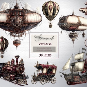 Steampunk airships clipart,Victorian transport,steampunk vehicles,hotair balloon png,zeppelin png,commercial use,steampunk clipart,