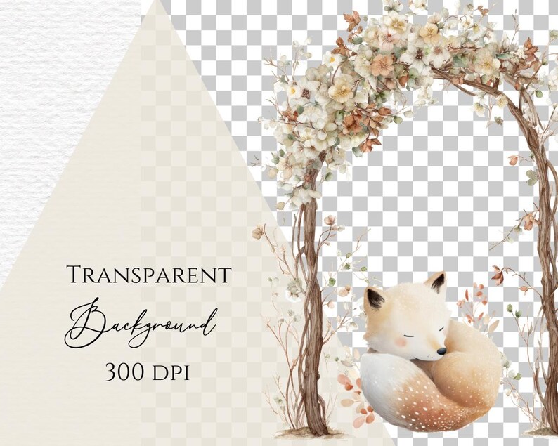 May include: Watercolor illustration featuring a sleeping fox curled up near a floral archway. The arch is adorned with delicate flowers and branches. The image includes the text "TRANSPARENT Background 300 DPI".