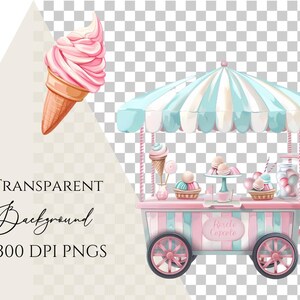 May include: A pink and blue ice cream cart with a striped awning. The cart has wheels and is decorated with pastel colors. The cart is filled with ice cream cones, candy, and other treats. The text "Bicicle Capricole" is on the front of the cart.