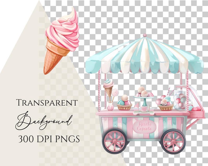 May include: A pink and blue ice cream cart with a striped awning. The cart has wheels and is decorated with pastel colors. The cart is filled with ice cream cones, candy, and other treats. The text "Bicicle Capricole" is on the front of the cart.
