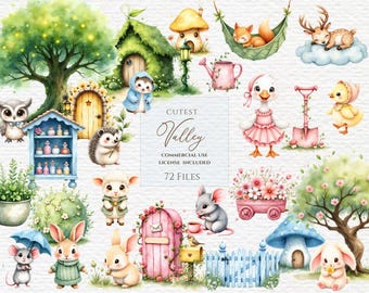 Clipart de acuarela de pequeño valle, clipart de conejito, lindo conejo png, animales del bosque, clipart de guardería, clipart de ganso tonto, jardín de cabaña.