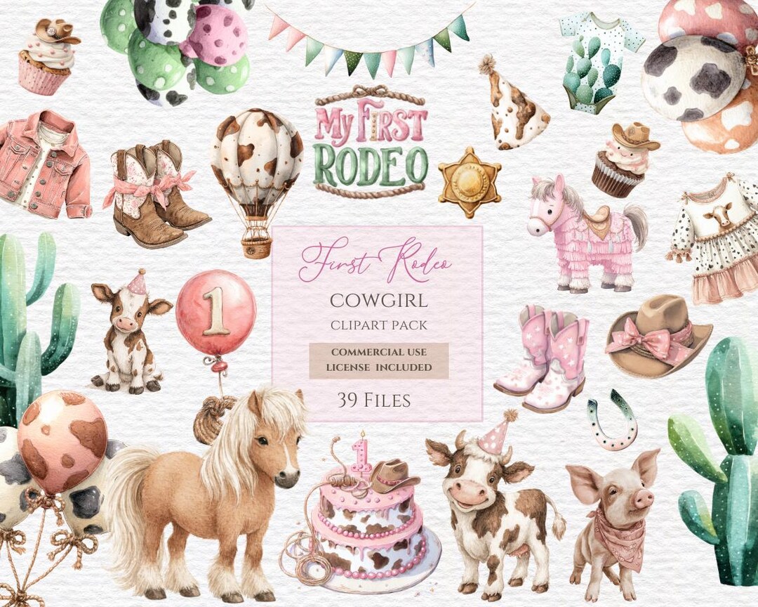 First Rodeo Girl Clipart, Cowgirl Baby Shower Clipart, First Birthday ...