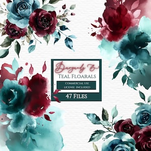 Clipart floreali color bordeaux e verde acqua, verde acqua scuro, rosso bordeaux, fiori acquerellati, clipart per matrimoni, fai da te per matrimoni, fiori bordeaux, clipart verde acqua.