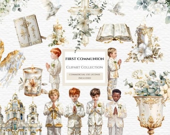 May include: A digital clipart collection featuring watercolor illustrations of children in white suits, a cross, doves, candles, an open book, and a church building. The central text reads FIRST COMMUNION CLIPART COLLECTION COMMERCIAL USE LICENSE INCLUDED.