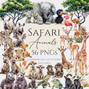 Ensemble de cliparts de la jungle, aquarelles de bébés animaux de la jungle mignons PNG, clipart Safari pour usage commercial gratuit, animaux de safari.