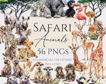 Puede incluir: Una colección digital de animales de safari en acuarela que incluye un elefante, rinoceronte, cebra, león, jirafa, suricato, mono y cocodrilo. El texto central dice SAFARI Animals 56 PNGS COMMERCIAL USE LICENSE INCLUDED.