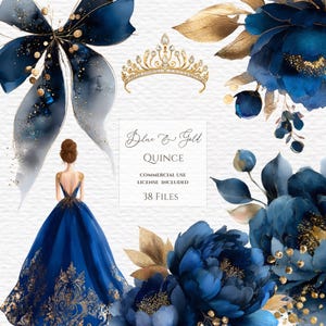 May include: Watercolor illustration featuring a blue and gold theme. Elements include a woman in a blue gown, a gold tiara, floral arrangements, and a large bow. The text reads "Blue & Gold Quince".