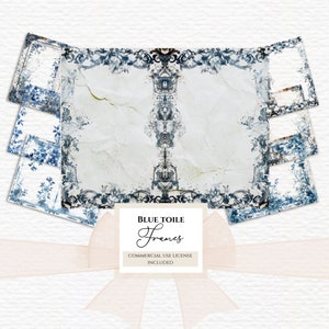 May include: Set of five blue and white toile patterned frames with a distressed, vintage look. The frames are ideal for adding a touch of elegance to your home decor.