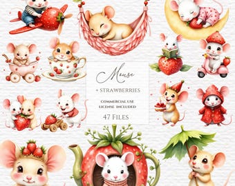 Erdbeere Maus Clipart Aquarell Erdbeere Clipart, Gänseblümchen Clipart, Cottagecore Clipart, Garten Clipart, Sommer Clipart, Wildblume png.