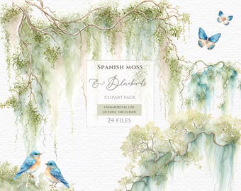Spanish moss clipart, with bluebirds and butterflies.  hanging moss clipart ,watercolor moss, watercolor live oak, live oak tree png.