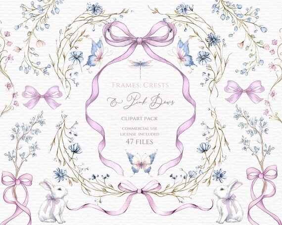 Watercolor bow floral border clipart. Pink bows frame coquette wreath with bow, leaves and flowers, watrcolor clipart, baby shower png.