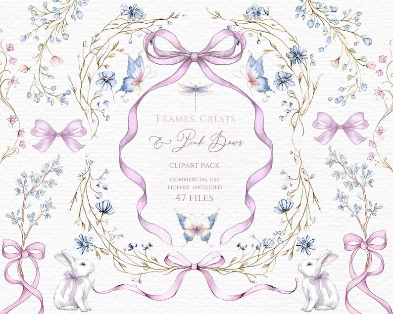 May include: Watercolor clipart pack featuring floral frames, pink bows, butterflies, and rabbits. The design includes delicate blue and pink flowers, a dragonfly, and the text "FRAMES, CRESTS & Pink Bows". Commercial use license included.