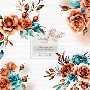 Teal and Rust Flowers, Turquoise and Orange Floral Wedding Clipart. Aqua and terracotta PNG, Watercolor Teal and Burnt Orange Florals.