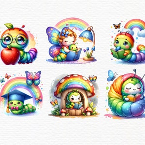 May include: Six colorful illustrations of caterpillars reading books. Each caterpillar is wearing a different outfit and has a rainbow behind it. The caterpillars are reading books about different subjects, such as science, history, and art.
