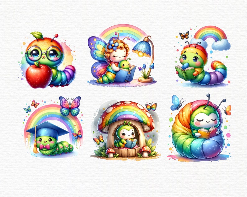 May include: Six colorful illustrations of caterpillars reading books. Each caterpillar is wearing a different outfit and has a rainbow behind it. The caterpillars are reading books about different subjects, such as science, history, and art.