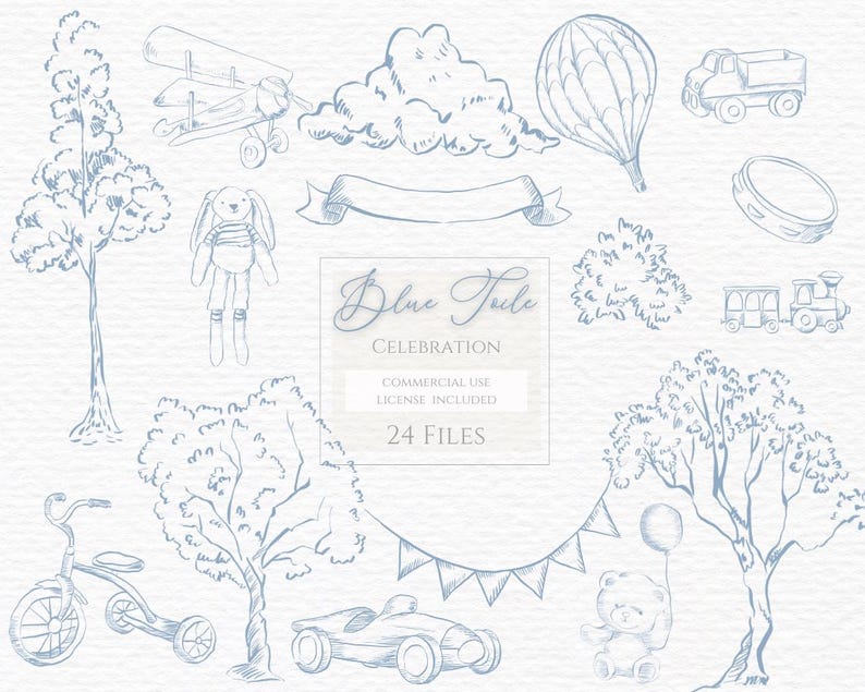 Puede incluir: Colecci&oacute;n de ilustraciones en l&iacute;nea azul que presentan varios objetos, incluyendo un biplano, un globo aerost&aacute;tico, un cami&oacute;n, un tren, un oso de peluche y un conejito. Tambi&eacute;n incluye el texto "Blue Tide Celebration".
