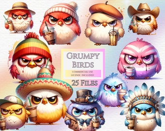 Watercolor Grumpy Birds Clipart: Scrapbook Images (Digital Download)