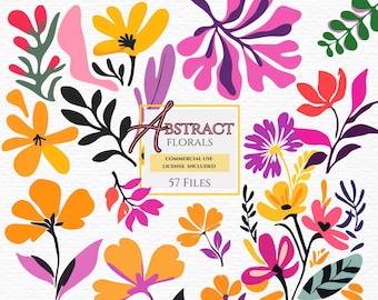 Abstract and retro floral clipart, Bright Flowers,groovy  graphics, abstract shapes art, commercial use. Learn more in description below.