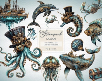 Steampunk-octopus, clipart-octopus, aquarel clipart, aquarel bundel, commercieel gebruik, sublimatie PNG, vintage haai, oceanische steampunk