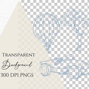 Puede incluir: Ilustraciones en l&iacute;nea azul de un globo aerost&aacute;tico, un &aacute;rbol y un coche de carreras vintage. El texto "TRANSPARENT Background" y "300 DPI PNGS" tambi&eacute;n est&aacute;n incluidos.