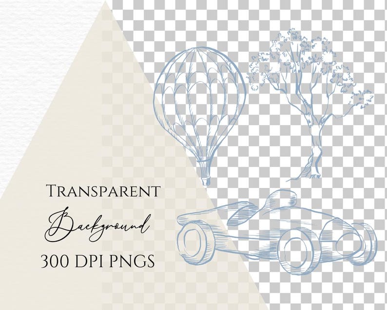 Puede incluir: Ilustraciones en l&iacute;nea azul de un globo aerost&aacute;tico, un &aacute;rbol y un coche de carreras vintage. El texto "TRANSPARENT Background" y "300 DPI PNGS" tambi&eacute;n est&aacute;n incluidos.