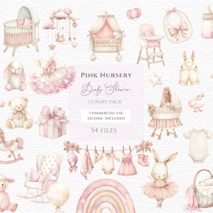 May include: A collection of watercolor illustrations featuring pink nursery items including a crib, high chair, baby clothes, a rocking horse, a giraffe, a teddy bear, a rabbit, a gift box, a rainbow, and a basket with the text PINK NURSERY Baby Shower CLIPART PACK.
