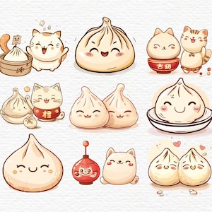 K&ouml;nnte beinhalten: Ein Set s&uuml;&szlig;er Cartoon-Illustrationen mit Dumplings mit l&auml;chelnden Gesichtern und Katzen. Die Dumplings sind in verschiedenen Gr&ouml;&szlig;en und Formen, einige sind in Schalen, einige auf Tellern und einige sind paarweise zusammen. Die Katzen sind in verschiedenen Posen, einige halten einen roten Umschlag mit chinesischen Schriftzeichen, einige halten eine Schale mit chinesischen Schriftzeichen und einige sitzen neben den Dumplings.