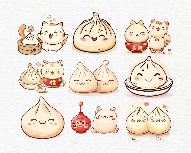 K&ouml;nnte beinhalten: Ein Set s&uuml;&szlig;er Cartoon-Illustrationen mit Dumplings mit l&auml;chelnden Gesichtern und Katzen. Die Dumplings sind in verschiedenen Gr&ouml;&szlig;en und Formen, einige sind in Schalen, einige auf Tellern und einige sind paarweise zusammen. Die Katzen sind in verschiedenen Posen, einige halten einen roten Umschlag mit chinesischen Schriftzeichen, einige halten eine Schale mit chinesischen Schriftzeichen und einige sitzen neben den Dumplings.