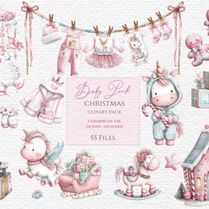 May include: A collection of baby pink Christmas-themed clipart. The image includes a variety of illustrations such as a unicorn, baby clothes, gingerbread man, gift boxes, and a gingerbread house. The text in the image reads "Baby Pink Christmas Clipart Pack".