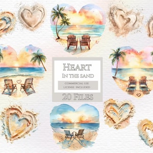 Clipart de coração na areia, clipart de oceano, coração de praia png, clipart de praia oceânica, clipart de verão, clipart de férias, praia em aquarela png.