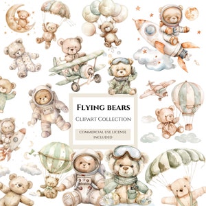 Flying bear clipart bundle. Baby Shower PNGs. Learn more in description below.