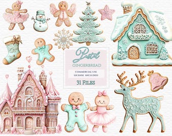 Pastel gingerbread clipart, Christmas Clipart, Gingerbread Clipart, Gingerbread House, Pink Christmas Png, Winter Clipart,Watercolor Clipart