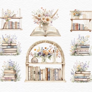 Op de afbeelding: Een aquarel-illustratie van zes verschillende boekenkasten met boeken en bloemen. De boekenkasten zijn allemaal van hout en hebben een rustieke uitstraling. De bloemen zijn in verschillende kleuren, waaronder roze, paars en geel. De boeken zijn allemaal van verschillende groottes en kleuren.