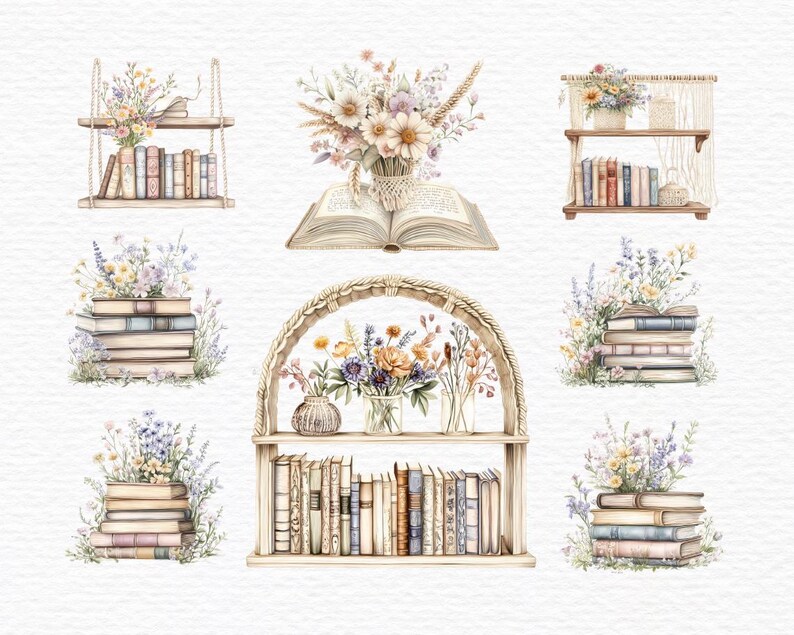 Op de afbeelding: Een aquarel-illustratie van zes verschillende boekenkasten met boeken en bloemen. De boekenkasten zijn allemaal van hout en hebben een rustieke uitstraling. De bloemen zijn in verschillende kleuren, waaronder roze, paars en geel. De boeken zijn allemaal van verschillende groottes en kleuren.