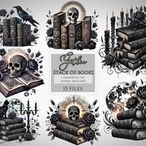 Schedel met boeken, clipart boeken PNG&#39;s, donkere romantiek clipart, gothic boekenliefhebber, commercieel gebruik, aquarel, gothic boekenstapel