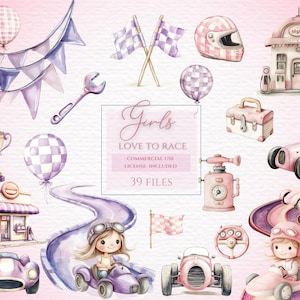 Clipart de carro de corrida rosa, carro de corrida em aquarela, carro de corrida vintage, carros fofos vintage, aniversário de carro de corrida, download instantâneo, carros esportivos para meninas.