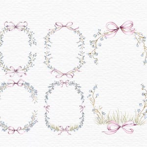 May include: Watercolor illustrations of floral wreaths and arrangements. Each wreath features delicate blue flowers, green leaves, and a pink bow. The designs vary in shape, including circles, ovals, and semi-circles, perfect for invitations or decorative art.