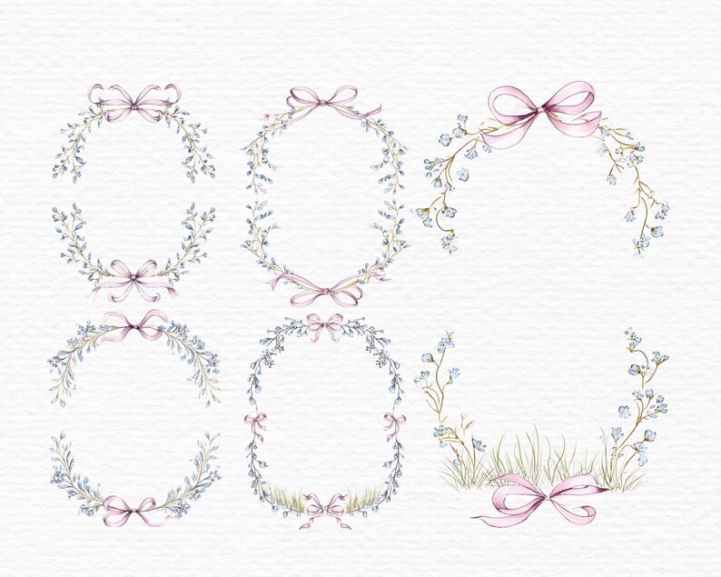 May include: Watercolor illustrations of floral wreaths and arrangements. Each wreath features delicate blue flowers, green leaves, and a pink bow. The designs vary in shape, including circles, ovals, and semi-circles, perfect for invitations or decorative art.