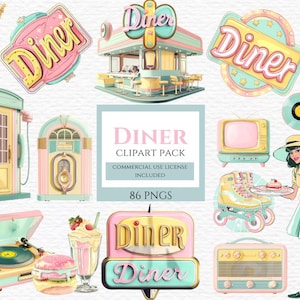 Op de afbeelding: Een set van 86 digitale clipart-afbeeldingen met een retro diner-thema. De afbeeldingen omvatten borden, een jukebox, een telefooncel, een platenspeler, een dinerinterieur, een rolstoel, een milkshake en een cartoonvrouw. De afbeeldingen zijn in de kleuren roze, blauw en groen.