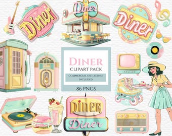 Diner Schild Clipart, 50er Jahre Clipart, 1950er Jahre Clipart, Retro 50er Jahre, Jukebox Clipart, Schallplatte Clipart, 50er Jahre Party Thema. Näheres in Beschreibung