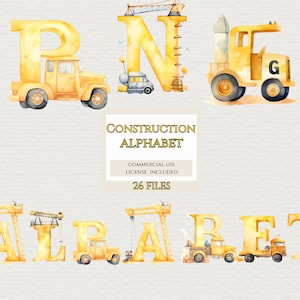 Imágenes prediseñadas del alfabeto de la fiesta de cumpleaños de la construcción. Obtenga más información en la descripción a continuación.