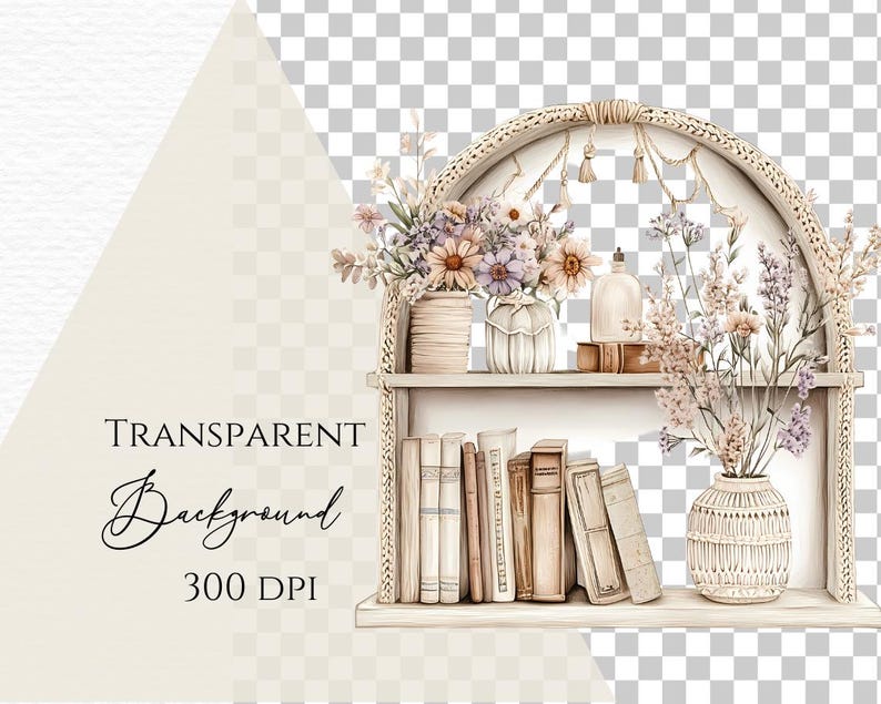 Op de afbeelding: Een wit houten plank met een gebogen bovenkant en twee planken. De bovenste plank heeft een vaas met gedroogde bloemen, een fles en een paar boeken. De onderste plank heeft een rij boeken. De plank is versierd met kwastjes en heeft een witte achtergrond.