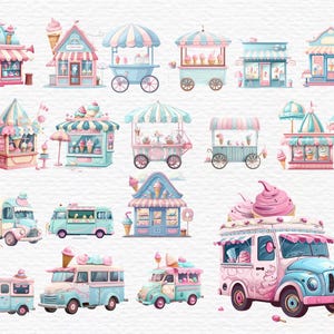 May include: A collection of 15 colorful cartoon illustrations of ice cream shops and trucks. The illustrations feature various designs, including a pink and blue ice cream truck with a large ice cream cone on top, a blue and white ice cream shop with a striped awning, and a pink and white ice cream shop with a heart-shaped sign.